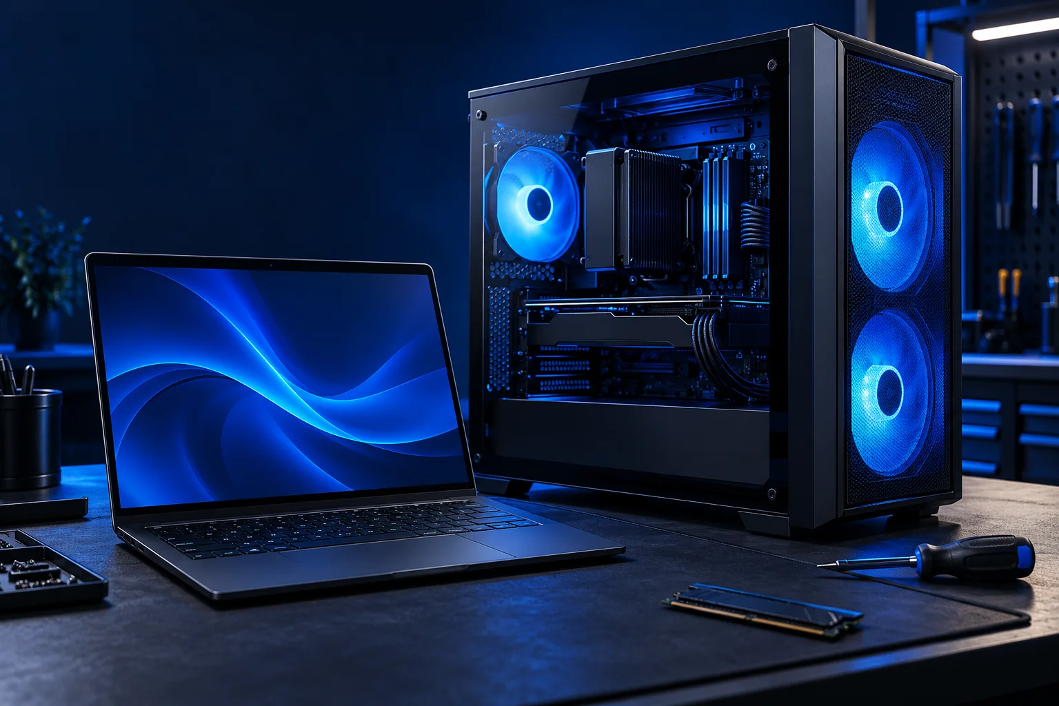Desktop com iluminação azul e notebook em uma bancada de manutenção — imagem ilustrativa